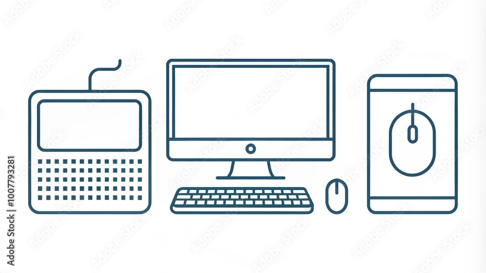 Minimalist thin line computer icons on a white background, featuring a stylized mouse, screen, and keyboard, Minimalist thin line computer icons on a white background, featuring a stylized mouse, screen, and keyboard,