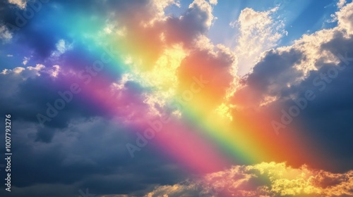 Clouds Parting to Reveal a Vibrant Rainbow, an enchanting scene of a brilliant rainbow emerging as dark clouds disperse after a refreshing rainstorm, showcasing nature's beauty.