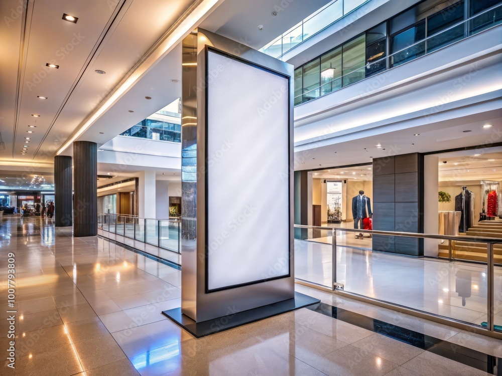 Modern blank billboard display at shopping mall interior with sleek LED lighting, perfect for showcasing Modern blank billboard display at shopping mall interior with sleek LED lighting, perfect for showcasing