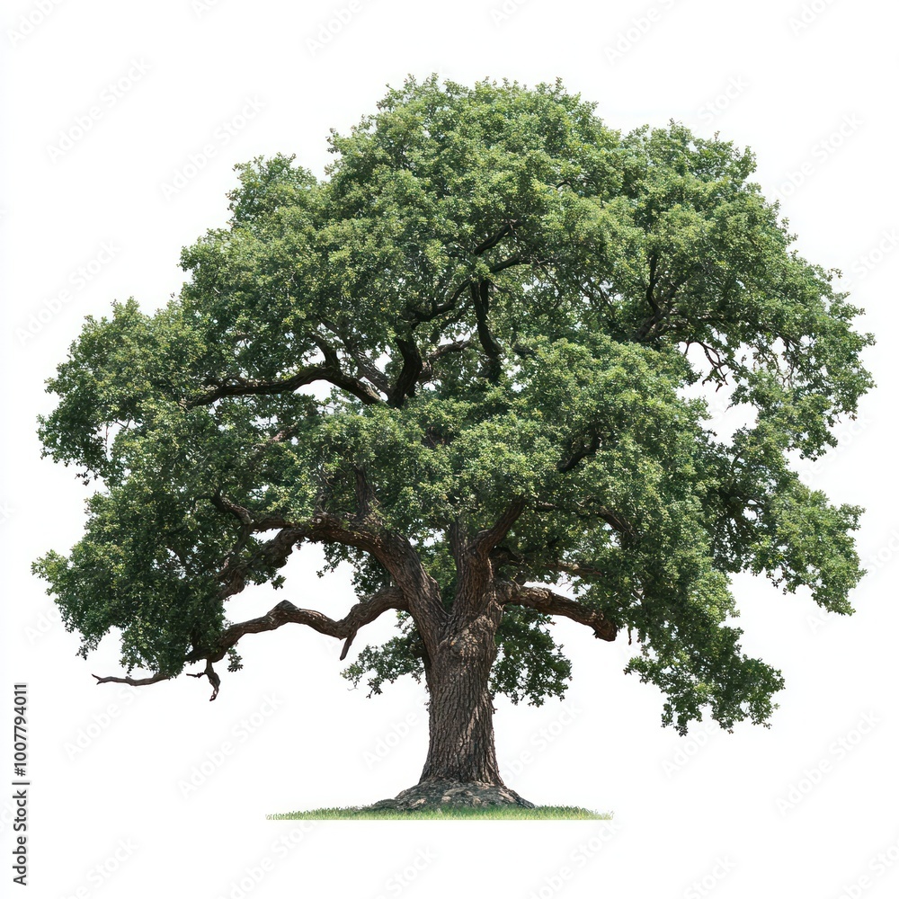A high-resolution image of a large oak tree, isolated on a clean white background, capturing every leaf and branch in detail A high-resolution image of a large oak tree, isolated on a clean white background, capturing every leaf and branch in detail