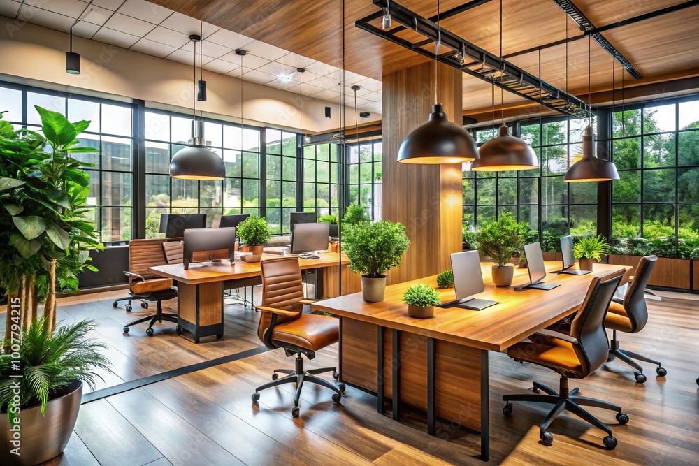 Modern corporate office space with sleek wooden desks, leather chairs, and stylish floor lamps, surrounded by glass Modern corporate office space with sleek wooden desks, leather chairs, and stylish floor lamps, surrounded by glass