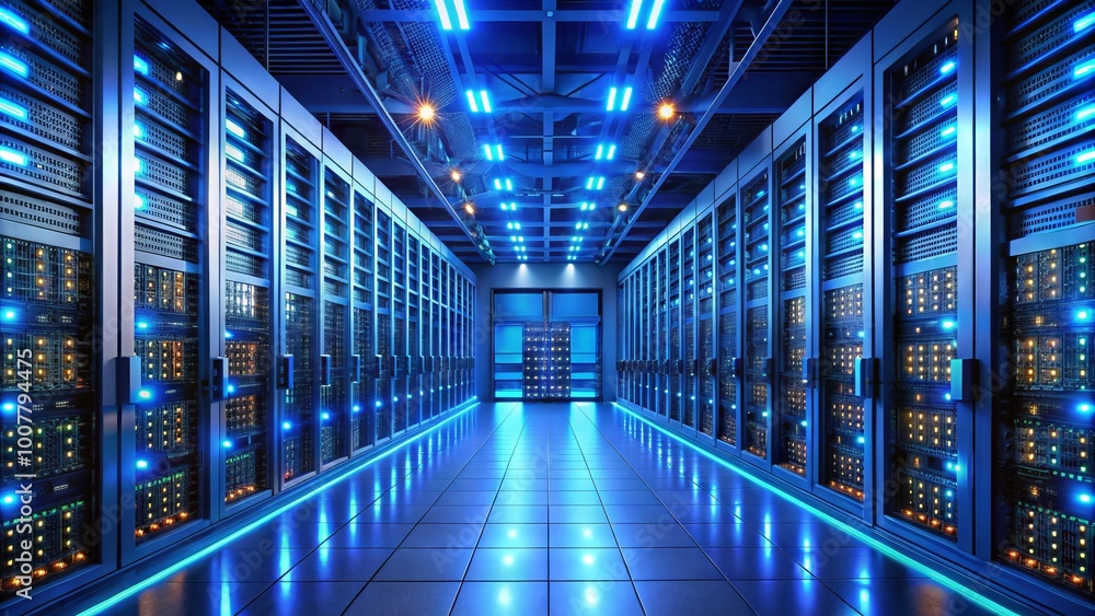 Modern data center with rows of sleek, high-tech servers and glowing blue LED lights, surrounded by neatly organized Modern data center with rows of sleek, high-tech servers and glowing blue LED lights, surrounded by neatly organized