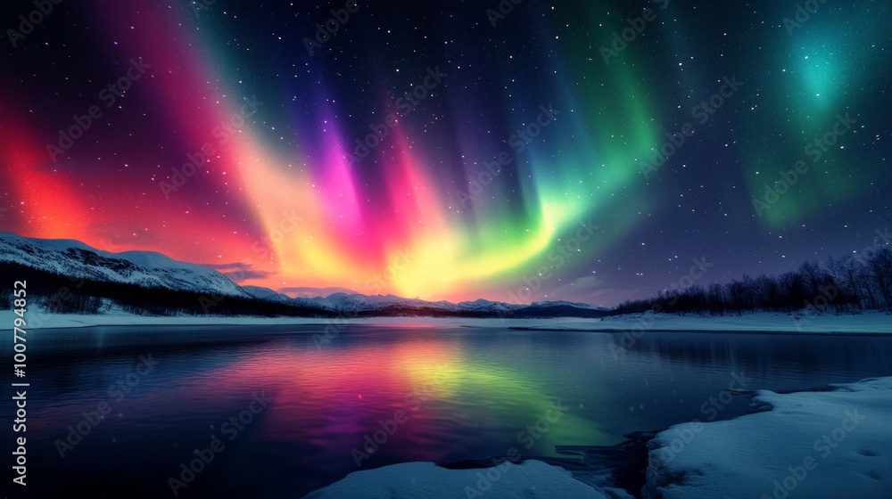 Vivid Aurora Borealis Dancing Over Snowy Landscape, Bright colors illuminate the night sky, creating a mesmerizing spectacle of nature's beauty. Vivid Aurora Borealis Dancing Over Snowy Landscape, Bright colors illuminate the night sky, creating a mesmerizing spectacle of nature's beauty.