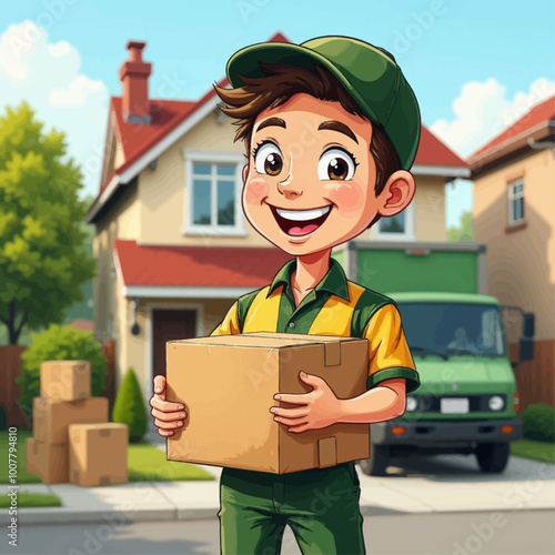 

A smiling delivery boy carrying a box with a green truck and a house in the background