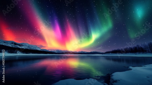 Wallpaper Mural Vivid Aurora Borealis Dancing Over Snowy Landscape, Bright colors illuminate the night sky, creating a mesmerizing spectacle of nature's beauty. Torontodigital.ca