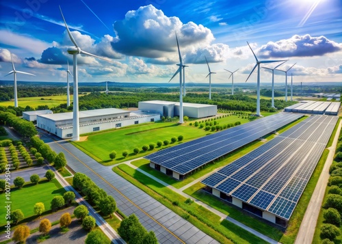 Modern industrial facility with rows of sleek solar panels and wind turbines generating renewable energy, surrounded by photo