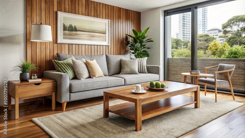 Modern living room featuring a bespoke wooden sofa and coffee table, tailored to fit a cozy Sydney apartment, Modern living room featuring a bespoke wooden sofa and coffee table, tailored to fit a cozy Sydney apartment,