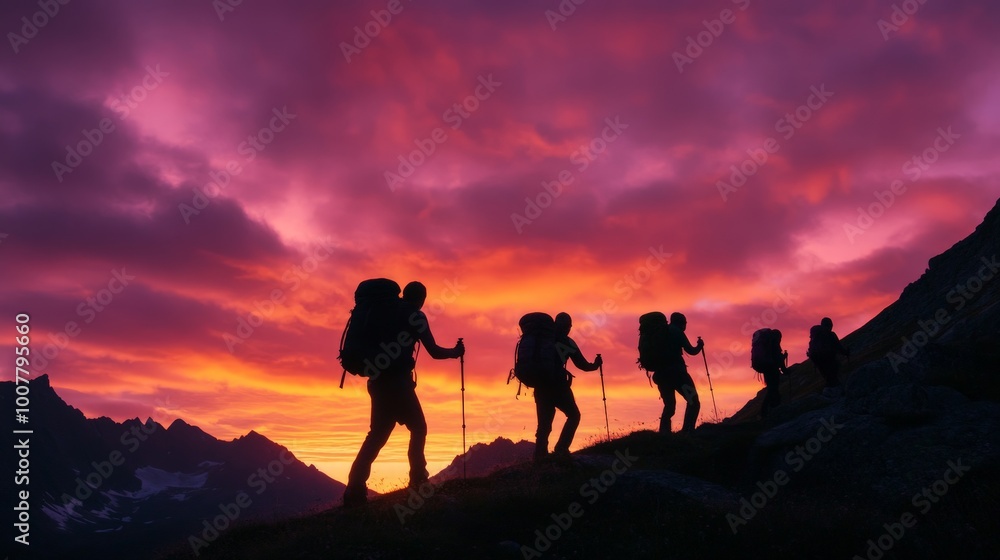 Dazzling Sunrise Over Mountain Peaks with Hikers, a breathtaking scene showcasing a vibrant sky in pink and orange hues, highlighting silhouettes of adventurers on the ridge. Dazzling Sunrise Over Mountain Peaks with Hikers, a breathtaking scene showcasing a vibrant sky in pink and orange hues, highlighting silhouettes of adventurers on the ridge.