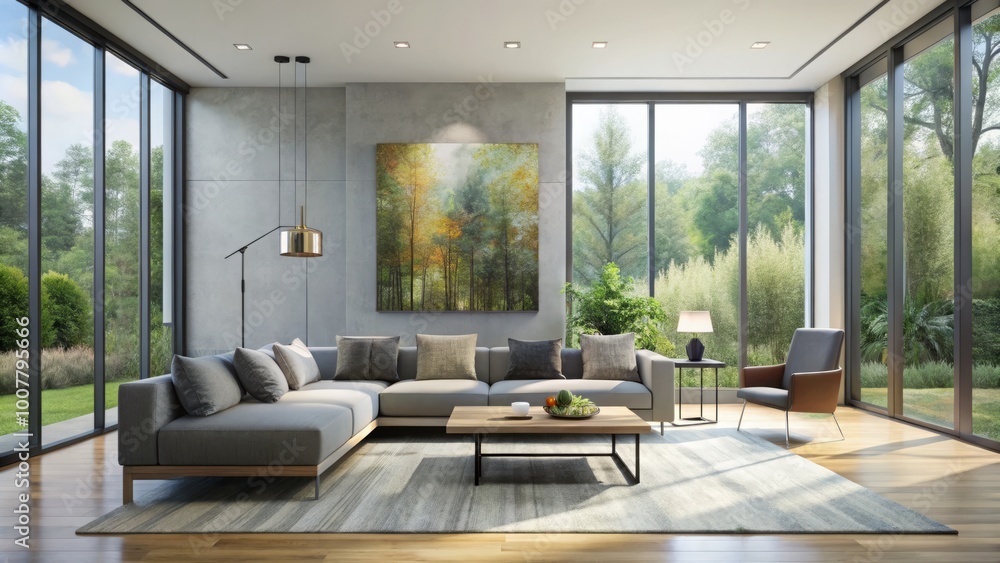 Fototapeta premium Modern minimalist living room with sleek gray sofa, floor-to-ceiling windows, and abstract art piece, exuding calmness