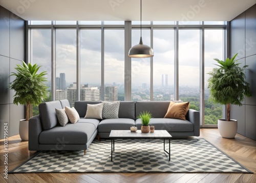 Modern minimalist living room with sleek gray sofa, geometric patterned rug, and floor-to-ceiling windows showcasing a