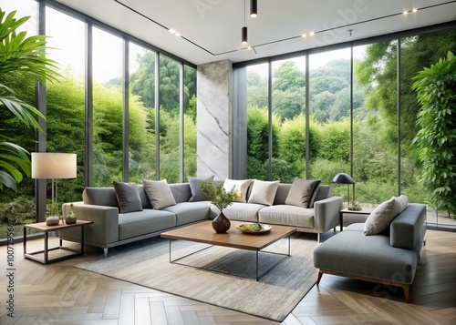 Modern minimalist living room with sleek gray sofa, marble coffee table, and floor-to-ceiling windows, surrounded by