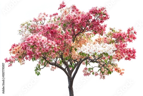 A tree in full bloom, isolated on white, showcasing a variety of colorful and delicate flowers