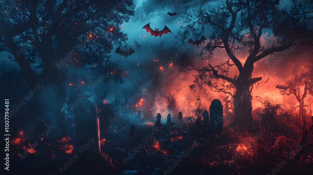 Spooky Halloween in the haunted forest graveyard with bats and scary trees. Happy Halloween Background Spooky Halloween in the haunted forest graveyard with bats and scary trees. Happy Halloween Background
