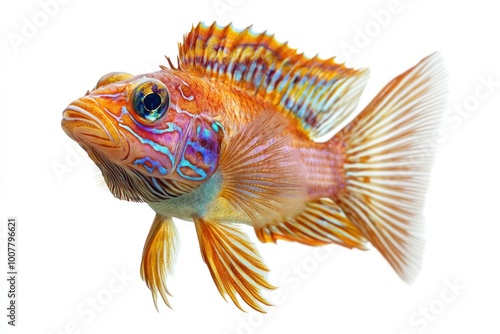 Detailed high-resolution view of an aquatic species, isolated on white, focus on vivid colors and textures photo