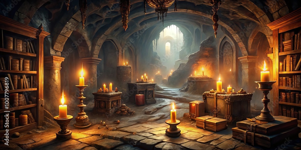Moody, atmospheric underground chamber filled with ancient artifacts ...