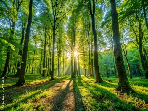 Morning sunlight filters through lush green leaves, casting dappled shadows on the forest floor, beneath towering tree