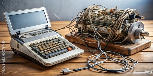 Old mechanical calculator being replaced by modern laptop, symbolizing transition from outdated to innovative digital photo