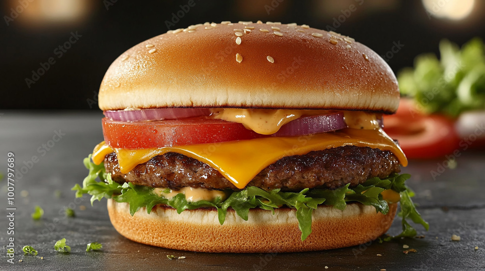 Celebrating National Fast Food Day with a delicious cheeseburger loaded with fresh ingredients Celebrating National Fast Food Day with a delicious cheeseburger loaded with fresh ingredients