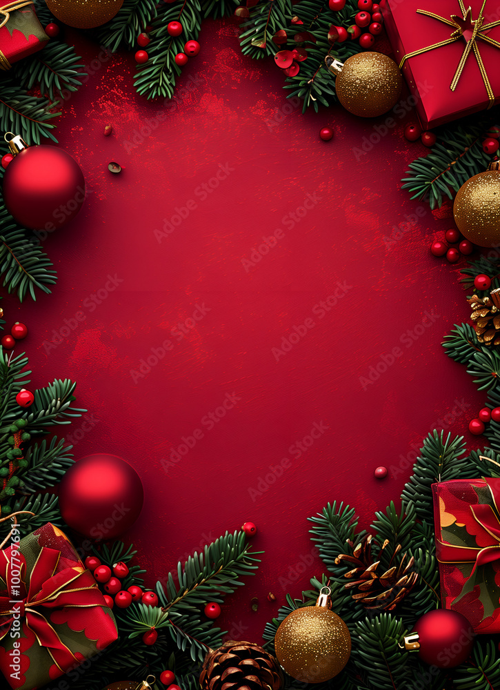 Red background, Christmas decorations and gifts on the right side of the frame Red background, Christmas decorations and gifts on the right side of the frame