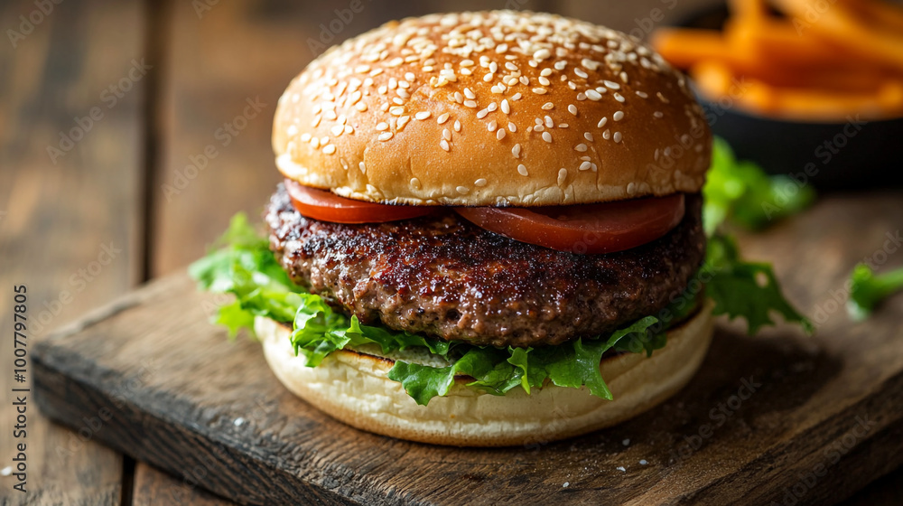 Delicious burger with fresh toppings celebrates National Fast Food Day at a local eatery Delicious burger with fresh toppings celebrates National Fast Food Day at a local eatery