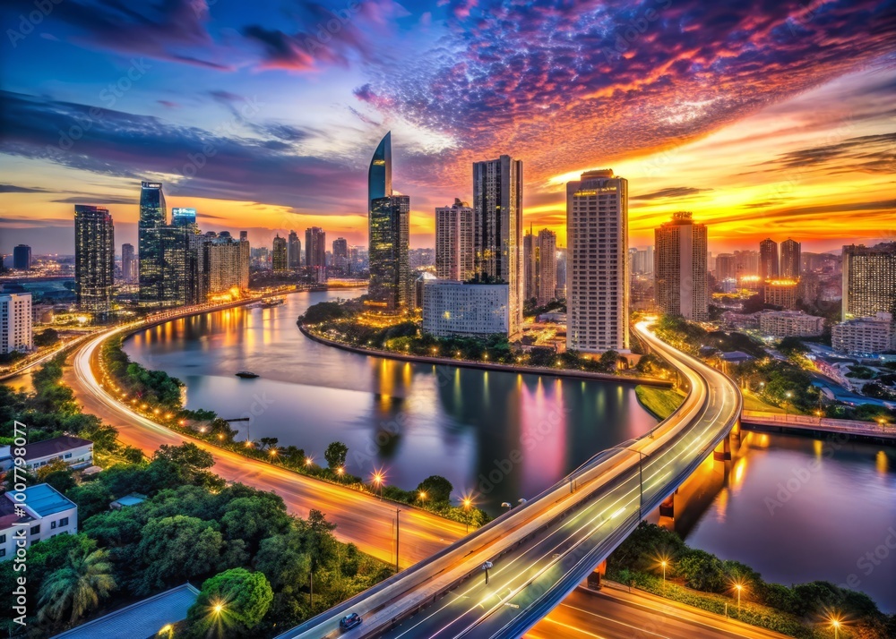 Panoramic cityscape at dusk with sleek skyscrapers, bustling streets, and vibrant neon lights reflected in a serene Panoramic cityscape at dusk with sleek skyscrapers, bustling streets, and vibrant neon lights reflected in a serene