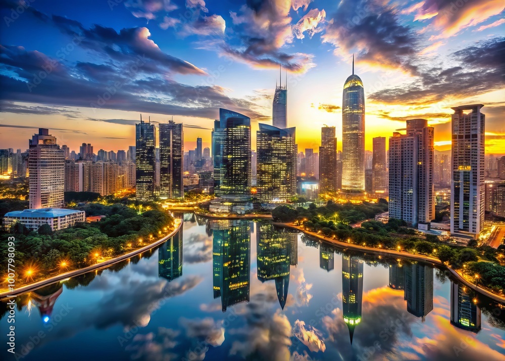 Obraz premium Panoramic view of a bustling metropolis at dusk, with towering skyscrapers, glittering city lights, and a serene lake
