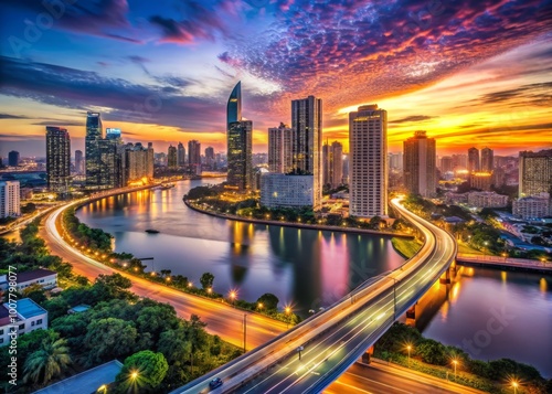 Panoramic cityscape at dusk with sleek skyscrapers, bustling streets, and vibrant neon lights reflected in a serene