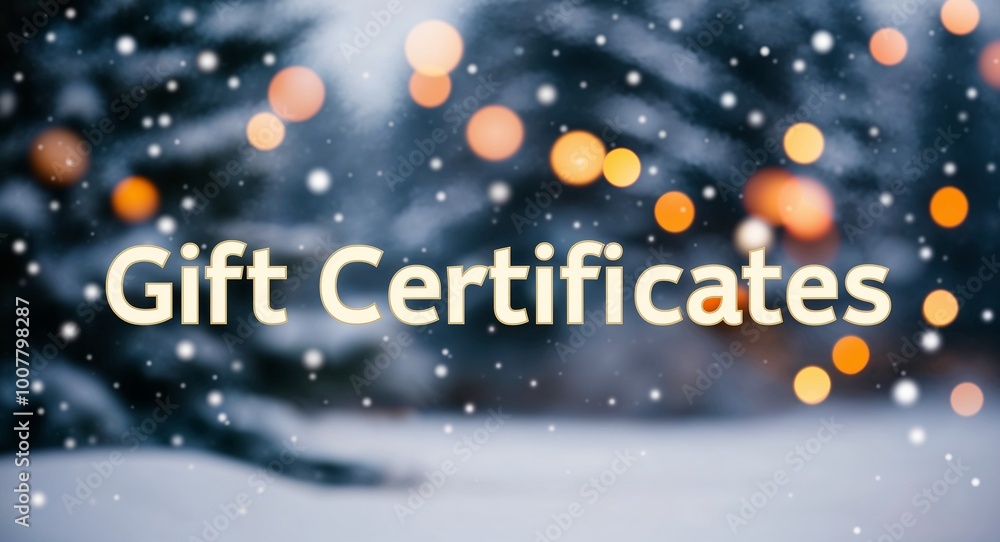 Naklejka premium Gift certificates lettering on winter snow holidays blurred lights bokeh background