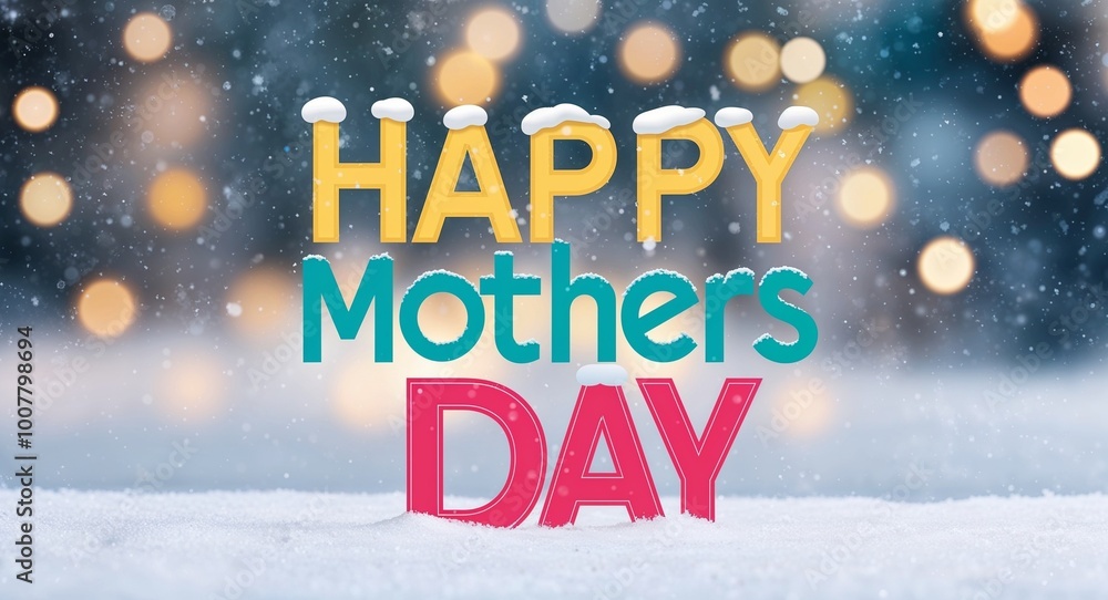 Fototapeta premium happy mothers day lettering on winter snow holidays blurred lights bokeh background