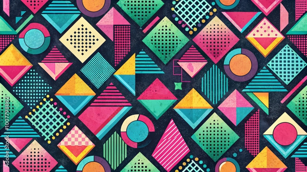 Retro colorful 90s-inspired geometric pattern with bold shapes, neon hues, and distressed textures, evoking nostalgia Retro colorful 90s-inspired geometric pattern with bold shapes, neon hues, and distressed textures, evoking nostalgia