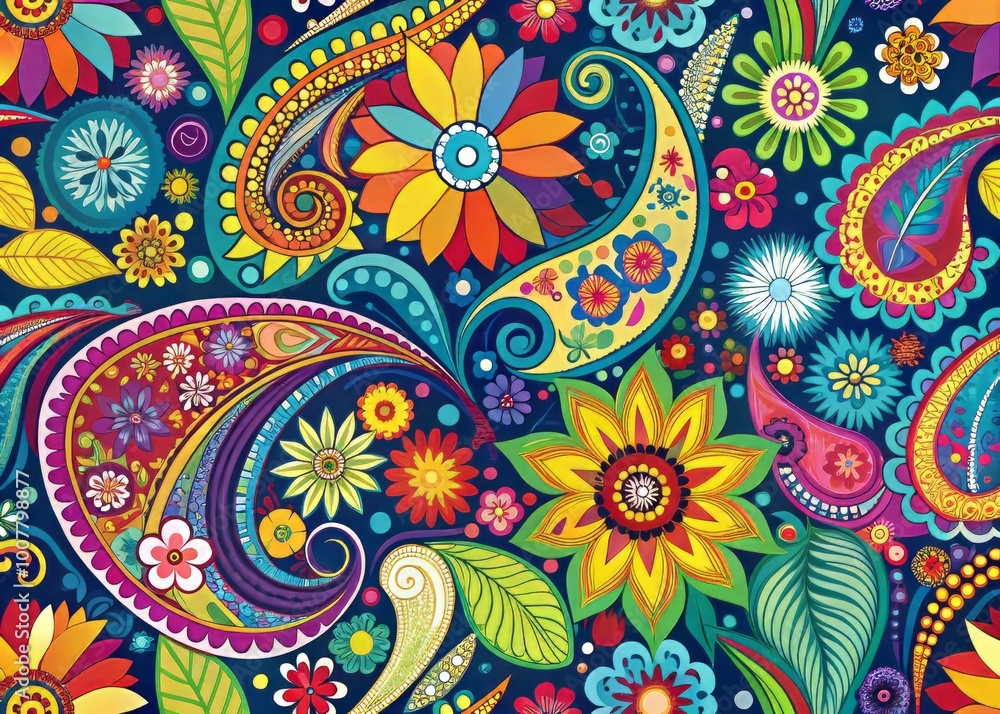 Retro-inspired background featuring a vibrant, abstract pattern of paisley, florals, and geometric shapes in bold Retro-inspired background featuring a vibrant, abstract pattern of paisley, florals, and geometric shapes in bold