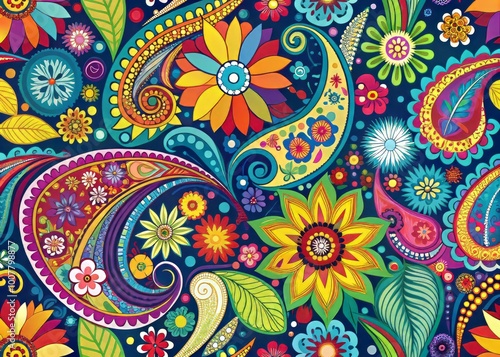 Retro-inspired background featuring a vibrant, abstract pattern of paisley, florals, and geometric shapes in bold