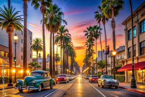 Wallpaper Mural Retro-style neon signage illuminates a vibrant, sun-kissed boulevard lined with iconic palm trees, vintage cars, and Torontodigital.ca
