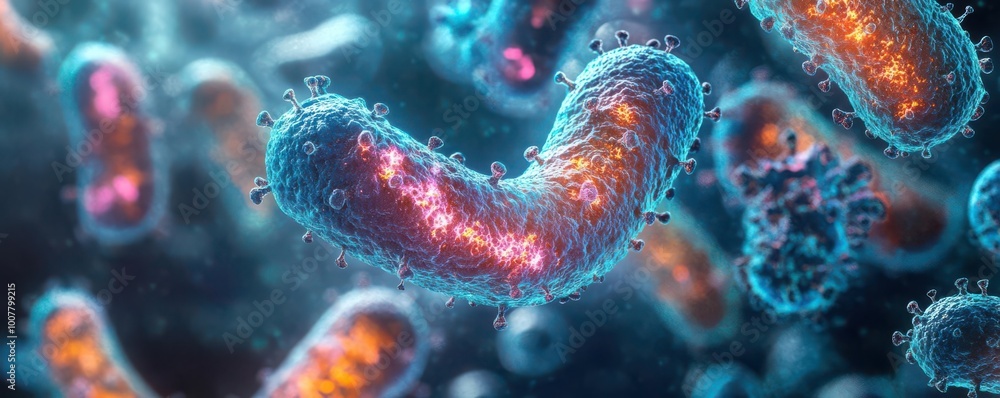 Fototapeta premium Photorealistic microscopy of living microorganisms in a biology study, scifi tone, Analogous Color Scheme, side view, capturing microbial movement and interaction