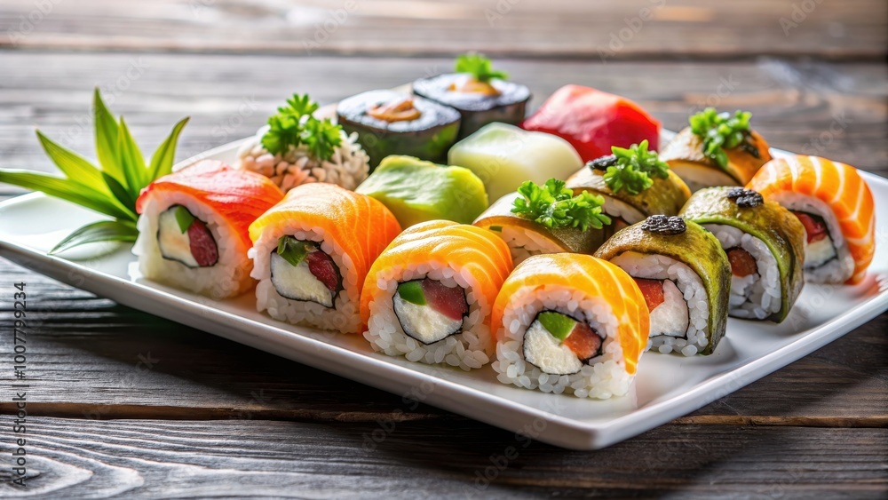 Assorted fresh sushi rolls on a white plate, sushi, rolls, Japanese, cuisine, food, fresh, colorful, plate, raw, fish Assorted fresh sushi rolls on a white plate, sushi, rolls, Japanese, cuisine, food, fresh, colorful, plate, raw, fish