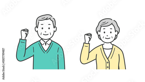 片手でガッツポーズをする高齢者男女の上半身イラスト