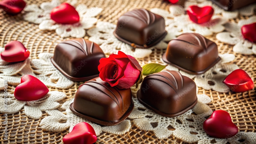 Rich, velvety chocolates adorned with crimson hearts and delicate petals, perfectly arranged on a vintage lace Rich, velvety chocolates adorned with crimson hearts and delicate petals, perfectly arranged on a vintage lace