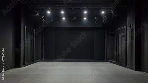 Close up view of empty theater stage, white sketch image, black background. Ai generated image