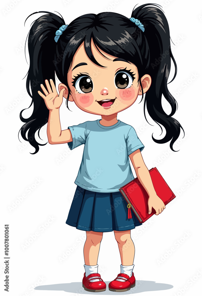 Young Girl Waving, School Uniform, Pigtails Young Girl Waving, School Uniform, Pigtails