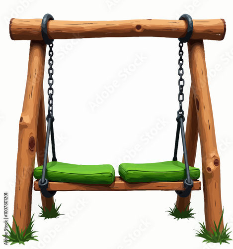 Wooden Swing Bench with Green Cushions and Chain Suspension