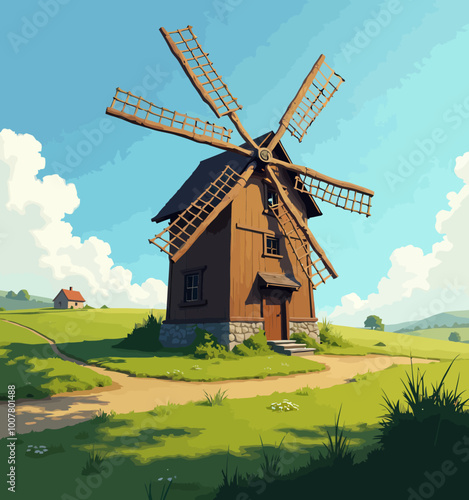 Windmill in Green Meadows with Blue Sky