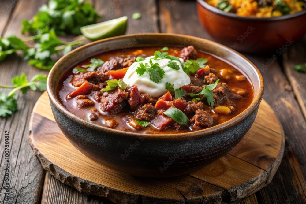 Savory chunks of slow-cooked beef simmer in a rich, spicy chili broth, topped with a sprinkle of fresh Savory chunks of slow-cooked beef simmer in a rich, spicy chili broth, topped with a sprinkle of fresh