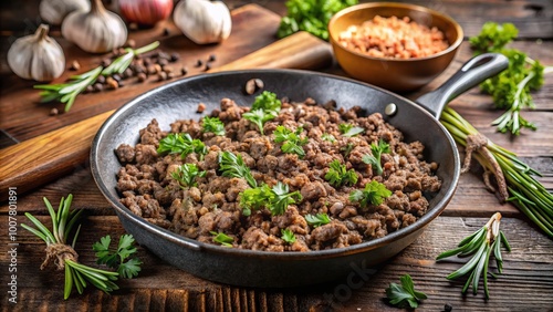 Savory, perfectly browned ground beef fills a stainless steel skillet, garnished with chopped fresh herbs and a