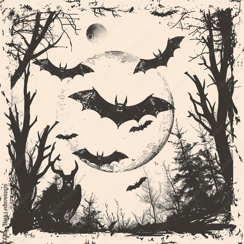 Fototapeta premium Realistic hand drawn halloween illustration with bats, Halloween elements, Happy Halloween 