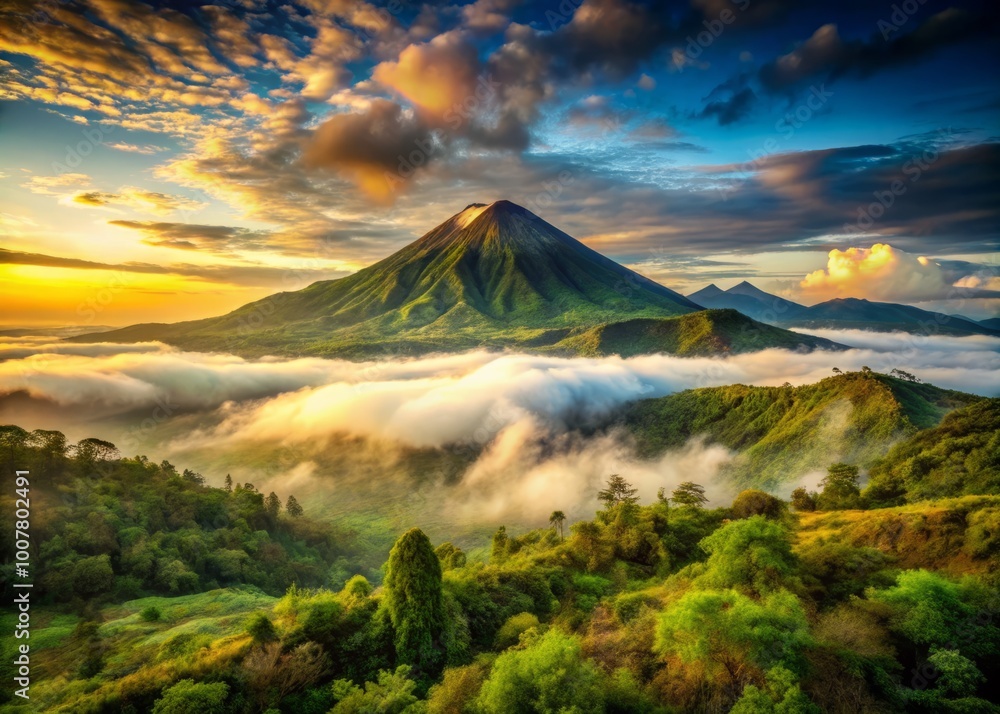 Fototapeta premium Serene landscape of a dormant volcano surrounded by lush greenery, with misty clouds hovering above, casting a mystical