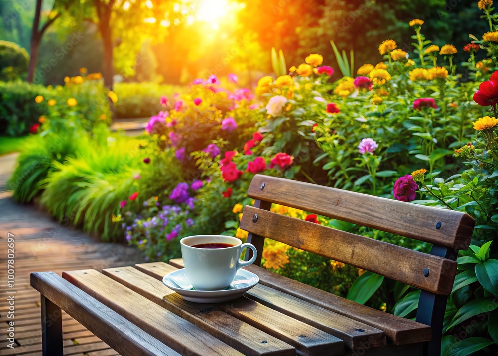 Serene morning scene featuring a warm cup of coffee on a wooden bench surrounded by lush greenery and Serene morning scene featuring a warm cup of coffee on a wooden bench surrounded by lush greenery and