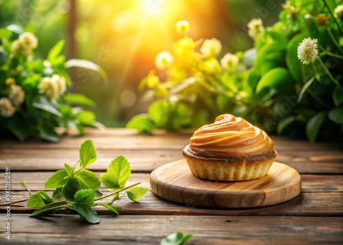 Serene morning scene featuring a delicate French pastry displayed on a rustic wooden table, surrounded by lush greenery