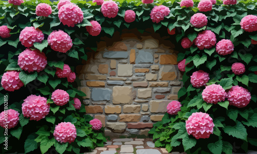 Stone Wall with Pink Hydrangea Flowers