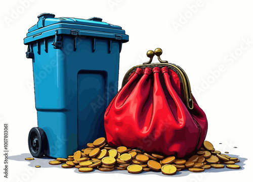 Spilled Purse Next to Trash Bin with Coins
