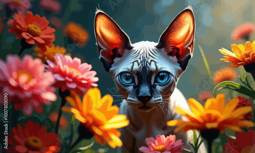 Sphynx Cat in Flower Garden with Blue Eyes